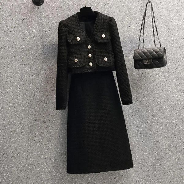 Vestidos de trabajo Moda de otoño Pequeña fragancia Abrigo corto de un solo pecho Cintura alta Falda de longitud media Traje de mujer Conjunto de dos piezas coreano Grande