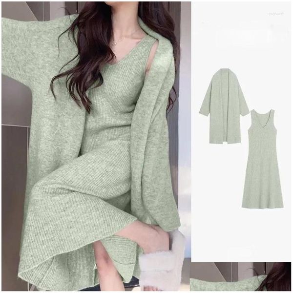 Robes de travail Automne Vert Tricoté Pull Robe Ensemble Femmes Mode Coréenne À Manches Longues Cardigan Manteau A-ligne Deux Pièces Livraison Directe Appa Ot0Nj