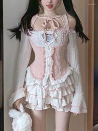 Vestidos de trabajo de otoño Kawaii, conjunto de 3 piezas para mujer, falda dulce de diseñador calado, traje bonito de pastel de princesa japonés para mujer 2024