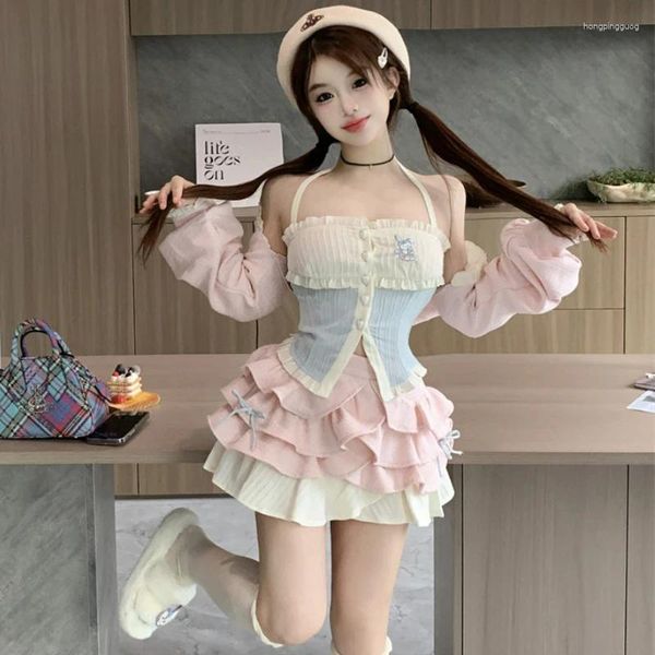 Robes de travail Automne Kawaii Lolita Style 3 Pièces Robe Ensemble Femmes Doux Mince Moulante Y2k Récolte Hauts Rose Mini Jupe Costumes Coréens Mignons