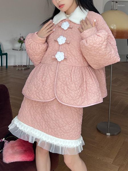 Vestidos de trabajo otoño rosa dulce conjunto de dos piezas mujeres sueltas Kawaii coreano Vintage falda traje 2023 abrigo de lana de manga larga de cintura alta Mini