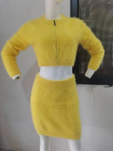 Vestidos de trabajo de otoño con cuello redondo y manga larga de punto de felpa para mujer, suéter corto ajustado de Cachemira de visón, abrigo con cremallera, traje Skir JZ246