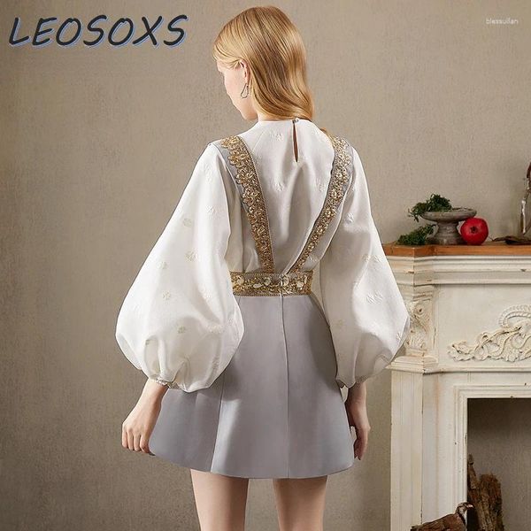 Robes de travail Automne Sweet Casual Style Tenues Retro White Lantern Blouse Blouse Top Strap Jupe courte Ensemble pour femmes pour femmes