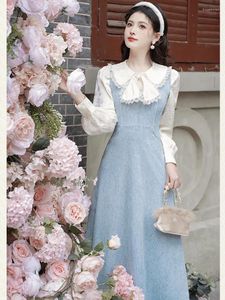 Robes de travail Automne vintage français 2 pièces Set Femmes Blue ensembles élégant Bow Lace Poll Cou Shirt Sweet Cordire