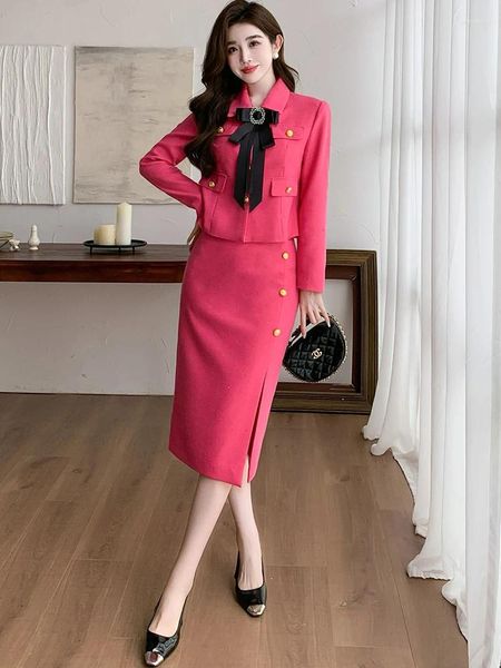 Robes de travail Automne Hiver 2 Pièces Robe Ensemble Pour Femmes Tenue Élégante Veste Bowknot Et Mini Jupe Costumes Bureau Conjuntos Para Mujeres