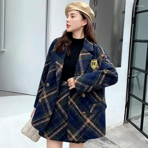 Robes de travail Automne Hiver College Style Laine Deux Pièces Costume Femmes Entaillé Épais Plaid Tweed Veste Lâche Uniforme Manteau Mini Jupe Crayon Ensemble