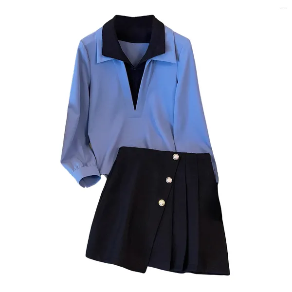 Robes de travail automne hiver coton sport deux pièces ensemble pour femmes 2023 sweat-shirt hauts et mini jupe plissée femme S-XL décontracté mince bleu