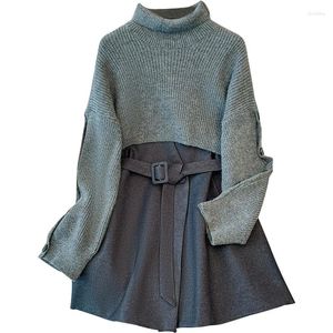 Werkjurken herfst winter elegante tweedelige set voor vrouwen 2024 losse trui gebreide tops en wollen groot formaat vrouwelijke grijze pakken