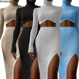 Work Dresses Autumn Winter High Neck Irregular Sexy Women Two Pieces Suit Long Sleeves Crop Top With Side Split Bodycon Skirt Streetwear