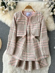 Robes de travail automne hiver sweet filles plaid tweed 2 pièces set femmes arc arboresque en manteau de veste en laine de laine