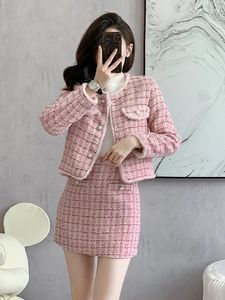 Werkjurken herfst winter tweed plaid roze 2 stuks outfits dames dames mooie zoete jas tops jas uit het kader en mini rok mujer set