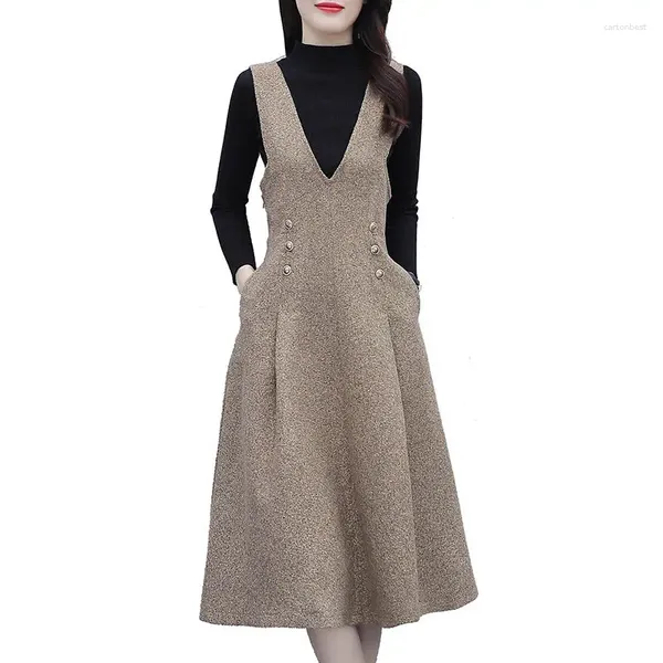 Vestidos de trabajo Otoño Invierno Juego de dos piezas Ropa para mujeres Slim Woolen Vestido en general Sweater de chalecos de cuello en V e277