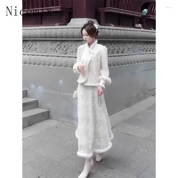 Robes de travail automne/hiver velours et épaissi Style chinois femmes vêtements mode jupes ensemble manteau demi longue jupe deux pièces