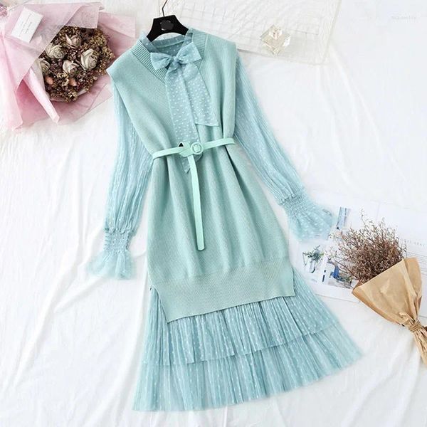 Vestidos de trabajo Otoño Invierno Vestido de mujer Conjunto 2024 Jersey de punto Suéter Pastel Falda plisada Traje de dos piezas Elegante para mujer