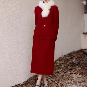 Robes de travail automne hiver ensemble de laine pour femmes 2024 manteaux de Style chinois vestes haut de gamme haut mince et robe à bretelles deux pièces