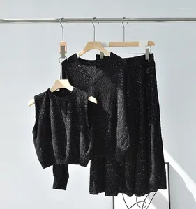 Robes de travail Automne Femmes Noir Paillettes Tricot Ensemble Col En V À Manches Longues Pullove Hauts Mince Gilet Sans Manches Et A-ligne Élastique Taille Haute Jupes