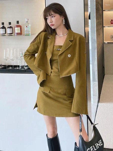 Vestidos de trabajo Otoño Mujer de gama alta elegante traje corto abrigo sin tirantes delgado con cremallera mini vestido traje de moda chaqueta chaqueta verde conjuntos de 2 piezas