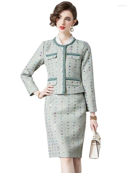 Robes de travail Automne Femmes Tweed Ensembles Colorés Paillettes Style De Luxe Boutique De Mode Simple Boutonnage Manteau Court Mini Jupe Costumes Tenues