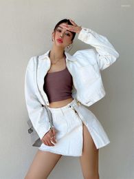 Robes de travail Bazaleas mode blanc Woemn costume printemps femmes 2 pièces ensemble manteau et jupe Crop Blazer