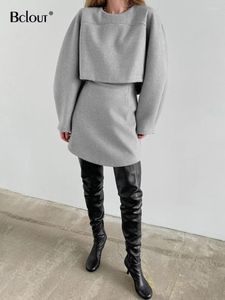 Robes de travail Bclout Automne en laine les jupes gris sets deux pièces femmes élégants couches à manches longues à manches longues
