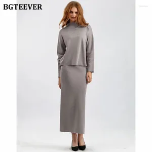 Robes de travail BGTEEVER automne hiver tenues chaudes femmes jupe tricotée en vrac ensemble à manches longues pulls fendus jupes crayon dames pull