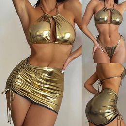 Arbeitskleider BKLD 3-teiliges Set Damen-Outfit 2023 Sommer Strandparty Clubwear Gold Schnürhalter Crop Top Bottoms Shorts und Rock