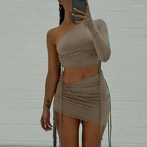 Werkjurken BKLD Dames Tweede stuk Outfits 2023 Herfstkleding Eén schouder Lange mouw Crop Top Slim Side Draws String Set Solid