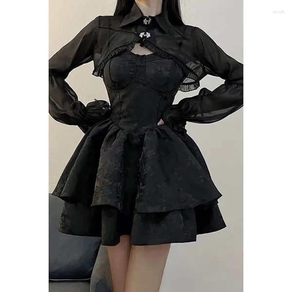 Vestidos de trabajo negros sexy lolita vestido mujeres gótica vintage harajuku halloween cosplay trajes de manga larga