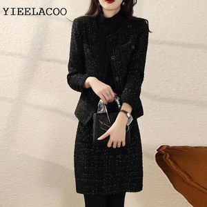 Robes de travail Black Tweed Jacket Jupe Suit Bright Silk Tissu Fashion Professional Set Sinmming Fomen's Automne / hiver 2 pièces