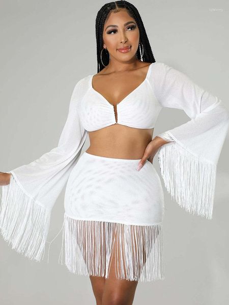 Robes de travail Noir Blanc Deux Pièces Gland Jupe Ensemble Femmes Clubwear Pour La Fête Tops Courts Et Jupes Taille Haute Night Club Sexy Tenues Ensembles