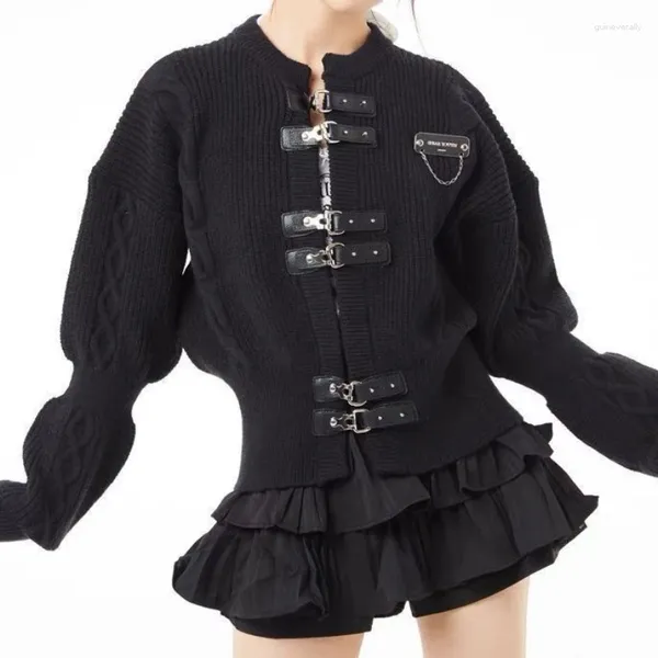 Robes de travail Bled Bouton Noir Tricoté Cardigan Femmes Cool Punk Lâche Pull Veste Y2k Esthétique Tops Casual Tout Match Harajuku 2024