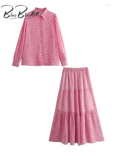 Robes de travail BlingBlingee 2024 Printemps Paisley Imprimer Femmes Chemise Lâche Costumes À Manches Longues Blouse Décontractée Femme Rose Midi Jupe Ensembles Y2K