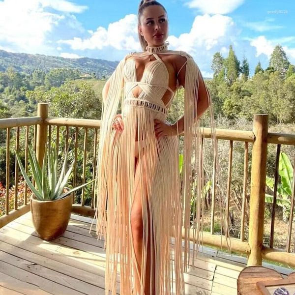 Robes de travail Bohême Style Main Crochet Tricot Gland Longue Robe Maxi Perspective Bikini Cover Ups Mode Discothèque Piste Macramé