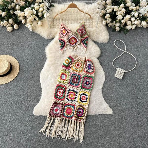 Robes de travail bohème Crochet tricoté coloré Plaid Chic perlé haut court glands irréguliers jupe 2 pièces ensemble de vêtements