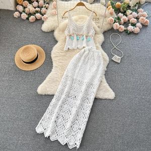 Robes de travail Bohème Débardeur Jupe Longue Tricoté Crochet Creux Gland 2 pièces Vêtements Femme Robe D'été Ensembles Vacances Plage Goutte