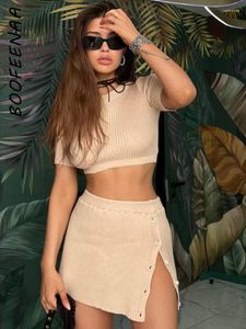 Werkjurken BOOFEENAA 2-delige set Damesoutfit Gebreide trui Jurk Korte mouw Crop Top en Knoopsplit Minirok Bijpassende sets