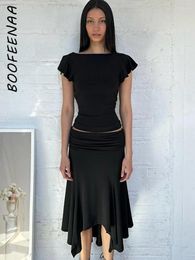 Robes de travail bofeenaa sexy 2 pièces ensembles de femmes tenues vêtements d'été 2024 Black Backless Top et irrégularités de jupe longue taille basse et irrégulière