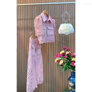 Robes de travail Brand Designer Office Lady Blouse Short à manches à manches courtes Shirt Pink Pink Crayer Jirts broderie Two Piece Women Setfits A Line