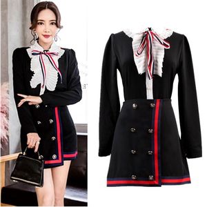 Werk jurken Britse stijl OL vrouwen rokken pakken lente herfst ruches elegante bogen shirts en dames partij kleding sets CC065