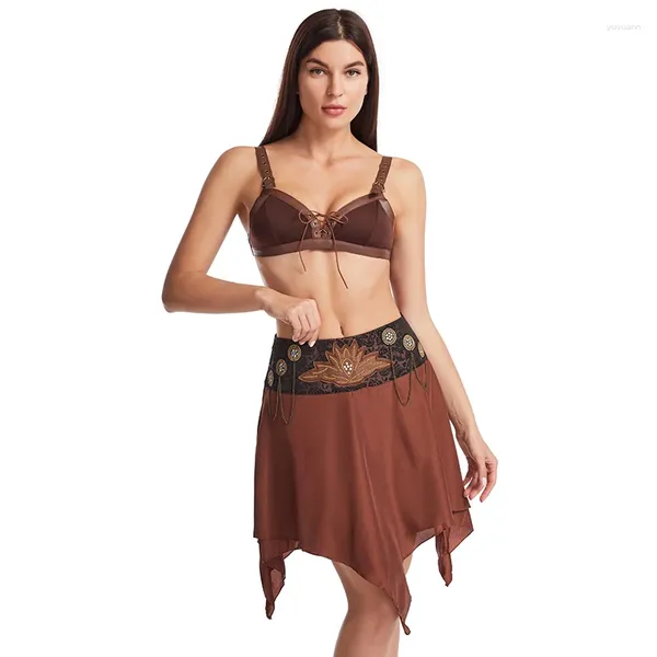 Robes de travail Brown Front Lace Up Sexy Bra et Chaînes en perles Basse taille asymétrique Jupe vintage Femmes Gothic Vêtements Steampunk Bralette