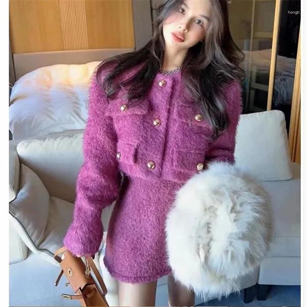 Vestidos de trabajo Celebrity Lady Purple White Woolen Trajes de 2 piezas Moda elegante Chaqueta corta gruesa CoatA Line Mini falda Conjuntos a juego de 2 piezas