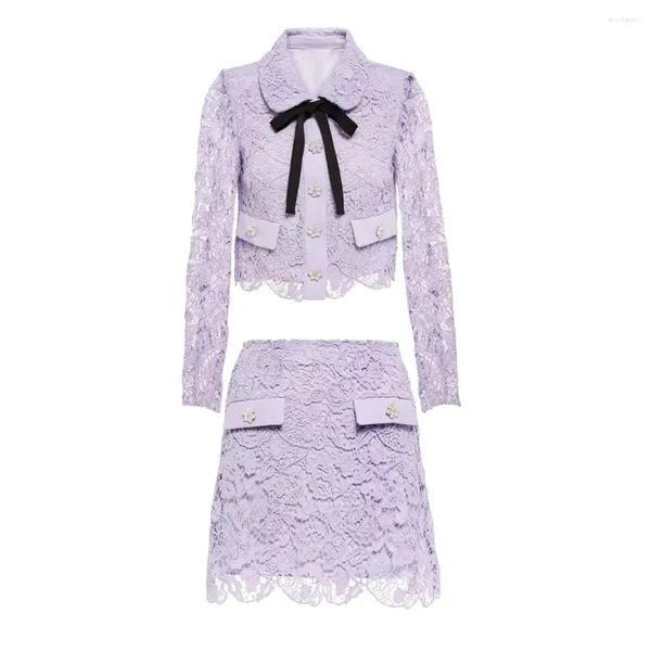 Robes de travail Chiclady Runway Designer Celebrity élégant en dentelle violet deux pièces Set Bow Crystal Buttons Veste mini jupes vintage Suites