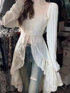 Werk jurken Chiffon Fashion Outfits 2 -delige rokset Gyaru Chic Sexy Spaghetti Rieme beige Long Tops Ruched Mori Girl Simple 2024