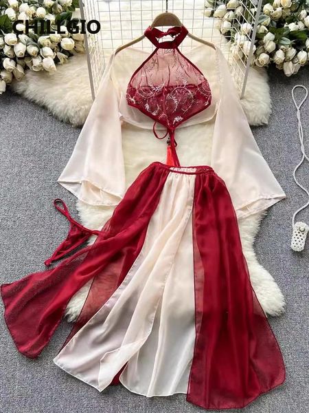 Vestidos de trabajo CHILLGIO Mujeres Trajes de falda de gasa con estampado sexy Moda Erótica Estilo chino Hanfu Vintage 4 piezas Pijamas transparentes exóticos
