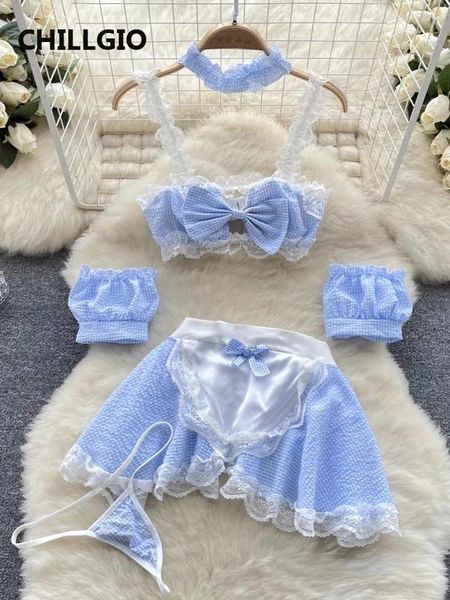 Vestidos de trabajo CHILLGIO Mujeres Dulce Falda a Cuadros Trajes Moda Erótica Ropa de Dormir Apretada Cosplay Traje 5 Piezas Sexy Maid Uniforme Pijamas Conjuntos