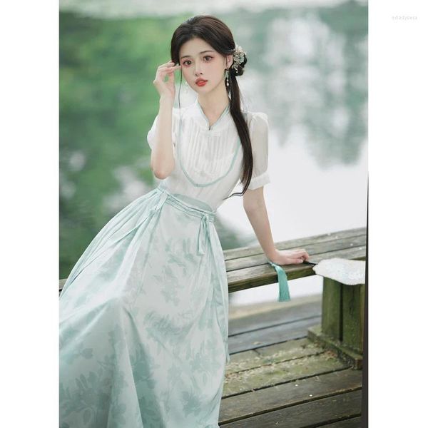 Robes de travail chinois Han style printemps robe d'été ensemble feuilles vintage imprimer cheval visage jupe col montant blanc Cheongsam Blouse Femme