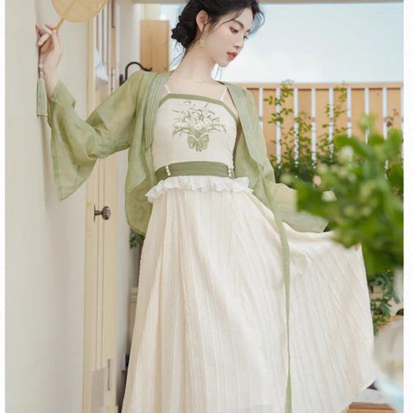 Vestidos de trabajo Hanfu chino Conjunto de dos piezas Mejorado Dulce Retro Traje de mujer Verano Verde Cardigan Encaje Bordado Elegante Vestido Slip