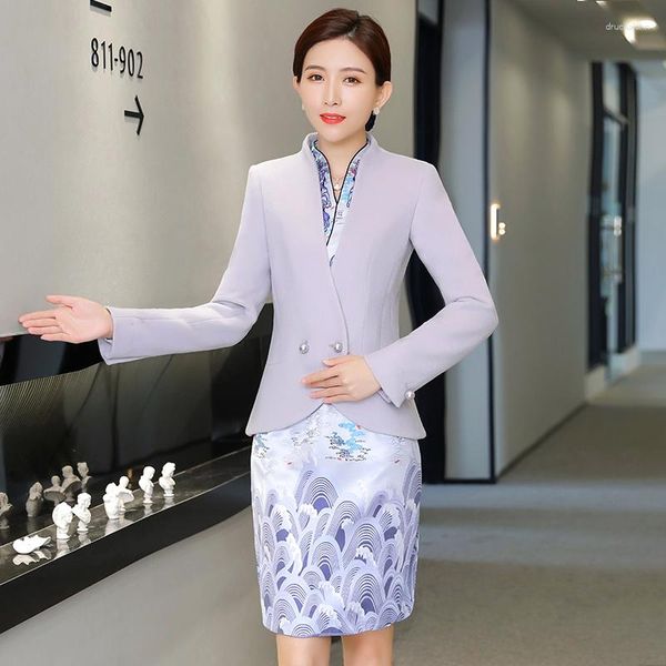Vestidos de trabajo Estilo chino Diseños de uniformes formales Aerolínea Stewa para mujeres Trajes de negocios con vestido y chaquetas Abrigo OL Blazers Set
