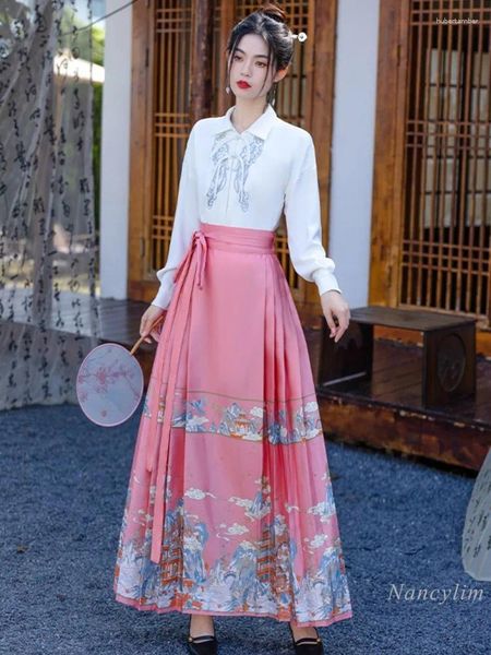 Robes de travail Style chinois Han, ensemble jupe à visage de cheval amélioré, chemise blanche brodée pour femmes, vêtements quotidiens, printemps 2024