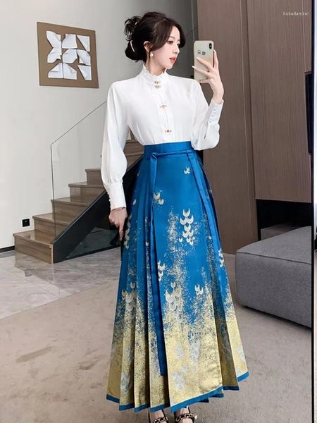 Robes de travail Style chinois Han Vêtements améliorés de jupe à face de cheval Automne pour femmes et hiver deux pièces set quotidien